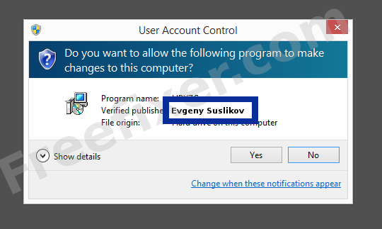 Screenshot where Evgeny Suslikov appears as the verified publisher in the UAC dialog